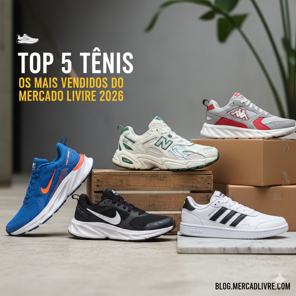 Foto dos 5 tênis mais vendidos do Mercado Livre em 2026 organizados para comparação.